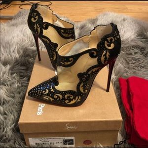 Christian Louboutin Black and Red Scalloped Filigree Mesh Booties